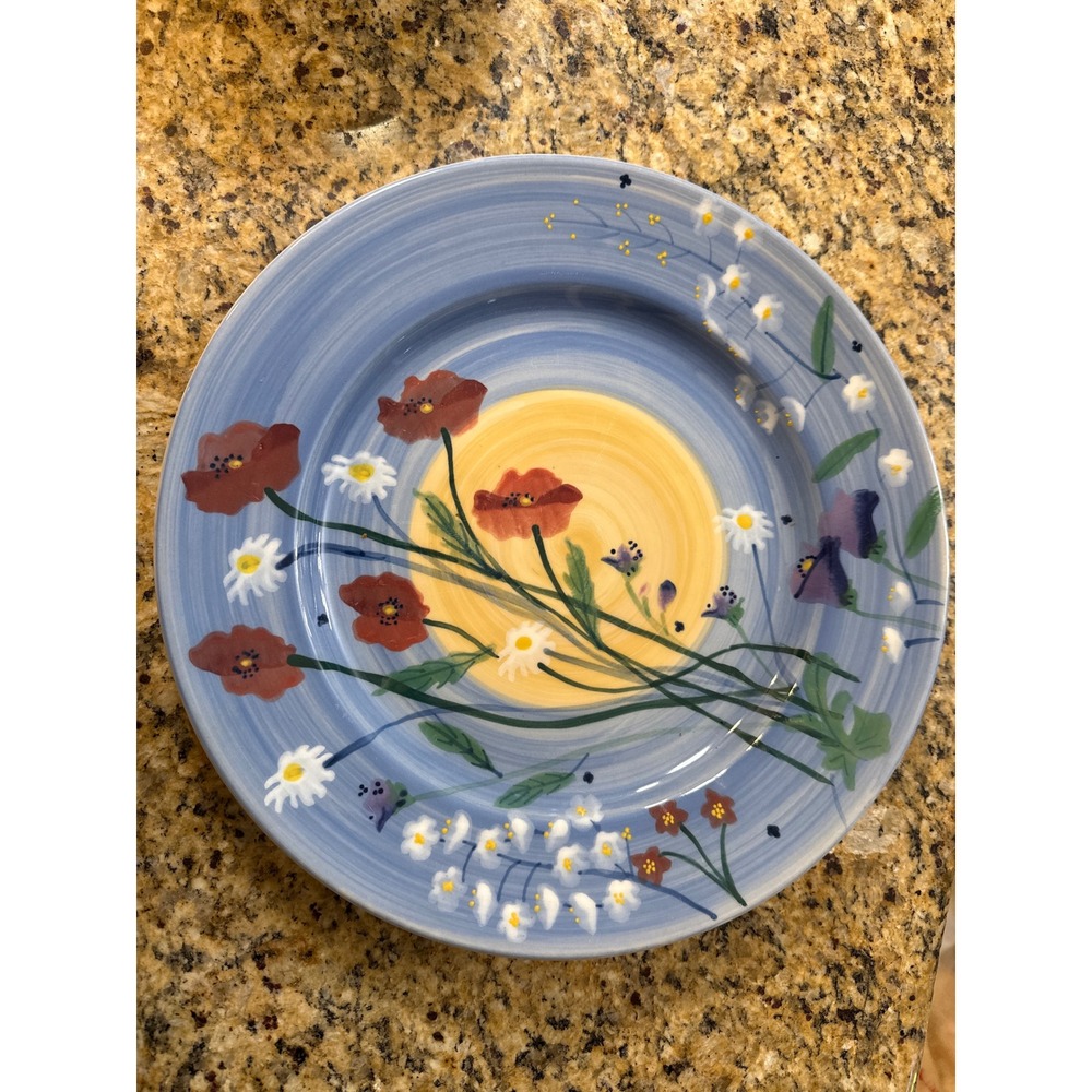 Hartstone Handpainted Stoneware Wildflower Dinner Plate Blue Poppies Daisies